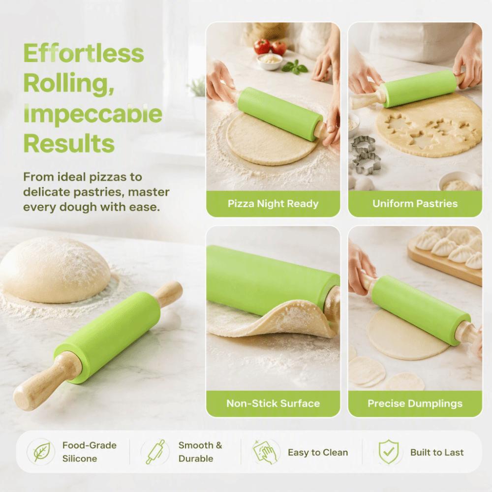 Solid Wood Handle Dough Roller Silicone Baking Rolling Pin Rolling Pin  Dough Pancake Pastry Cookie