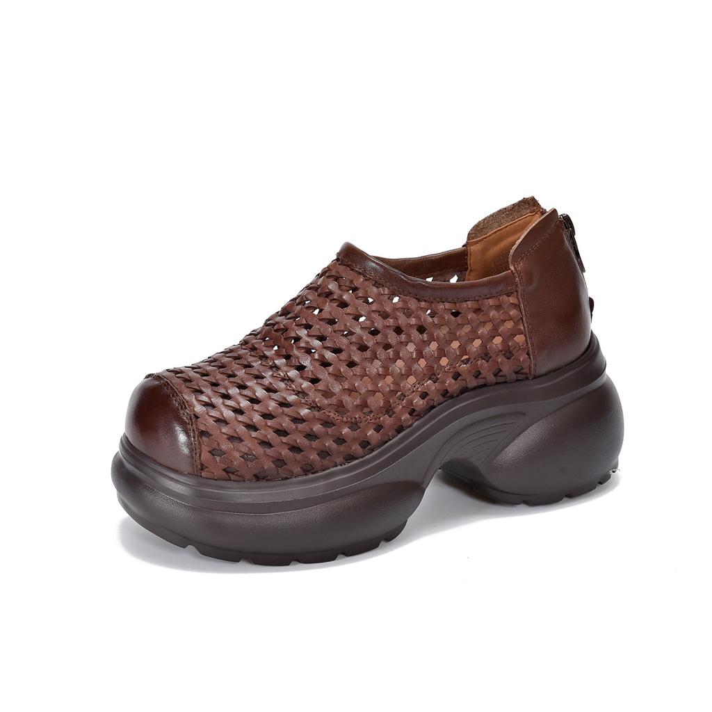 Johnature Thick Soled Height Increasing Genuine Leather Woven Sandals Hollow Breathable Women's Platform Shoes