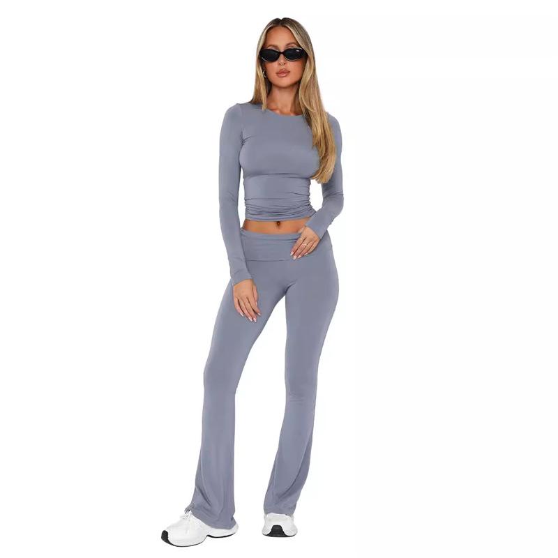 2024 Euro-American Women's Fashion Long Sleeve Pullover & Slim Fit Flared Pants Set