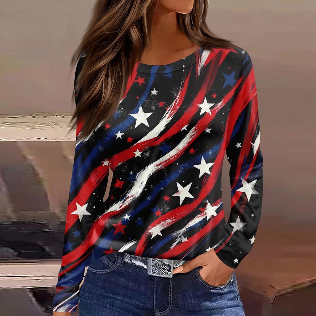 Women’s Long Sleeve Crewneck Top with American Flag and Floral Print Casual Loose Fit Pullover for Daily Wear