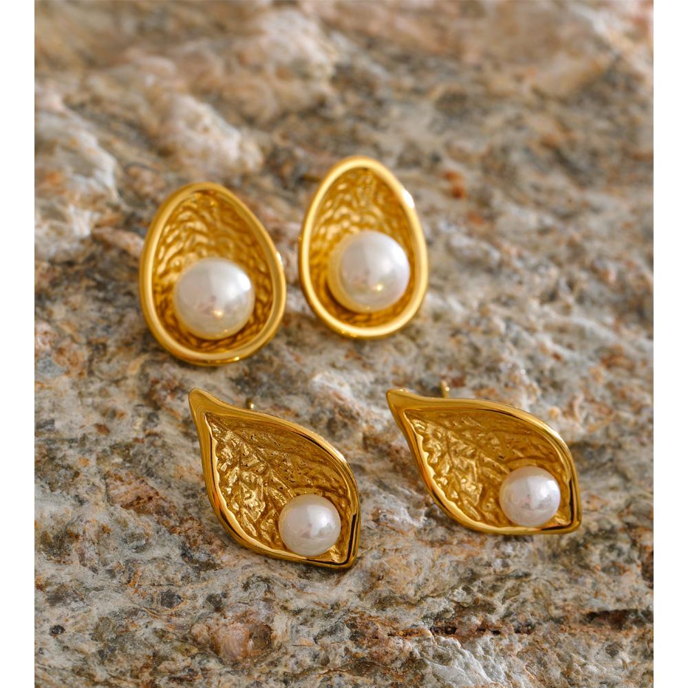 Eetit New Stainless Steel Simulated Pearls Leaf Stud Earrings 18K Golden Plated Chic Daily Jewelry Hypoallergenic