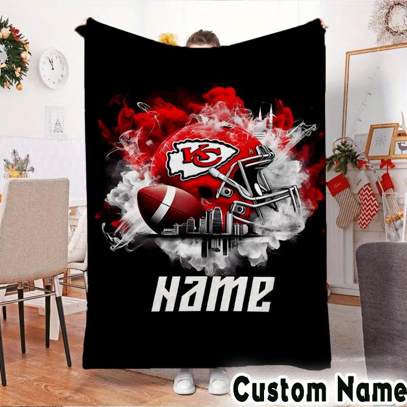 Custom Name Kansas Chiefs Helmet Throws Blanket Flannel Blankets for Couch Bed Gifts for Men Women Picnic blanket Christmas fan gifts