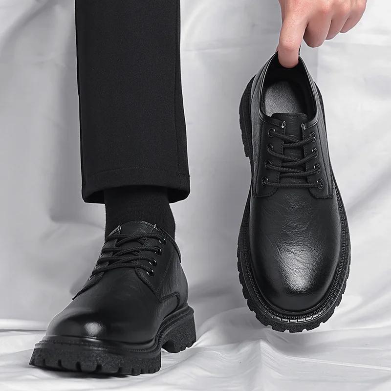 Men's Retro Business Casual Leather Shoes Cowhide Platform Big Head Platform Shoes Form Men British Style Low Work Shoe Male