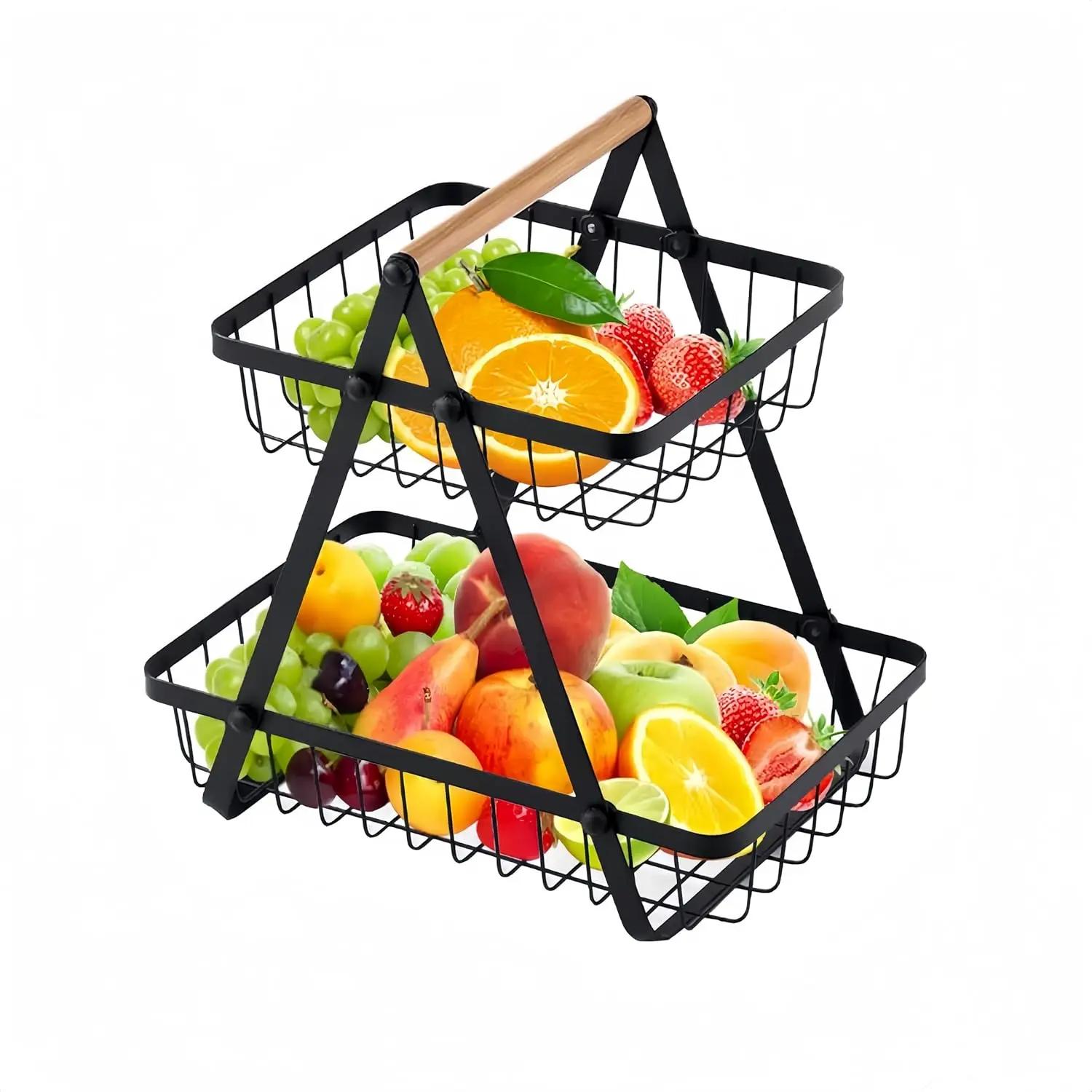 

2-tier countertop fruit basket, portable kitchen organizer for fruits vegetables bread snacks, wire stand for dining room чёрный