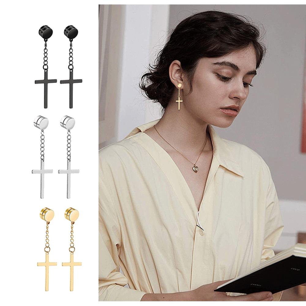 Fashion Simple Frosting Cross Pendant Man Magnet Earrings Korean Style Ear Stud Round Earrings