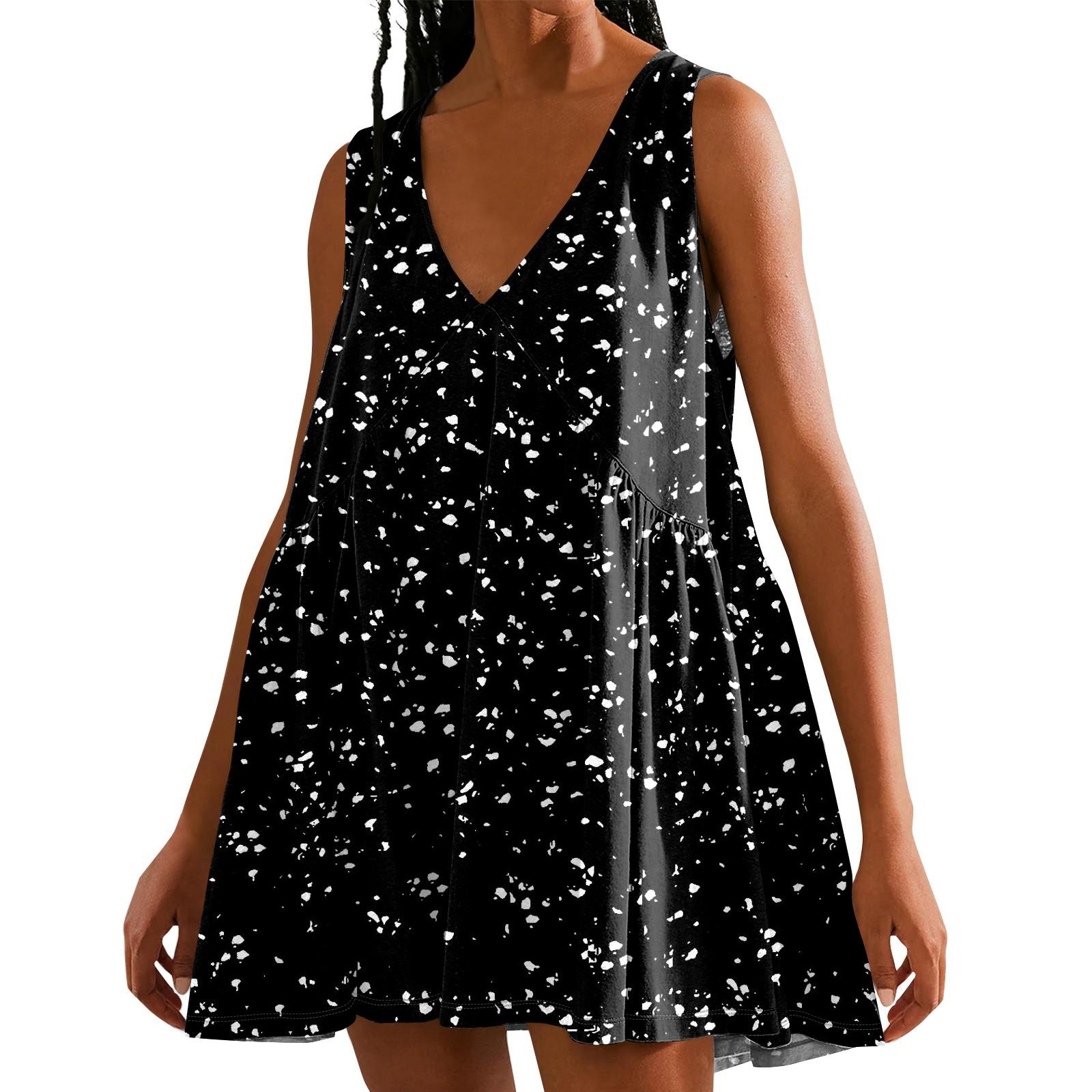 

Женское повседневное пляжное платье без рукавов с принтом в горошек и V-образным вырезом, короткая юбка L чёрный