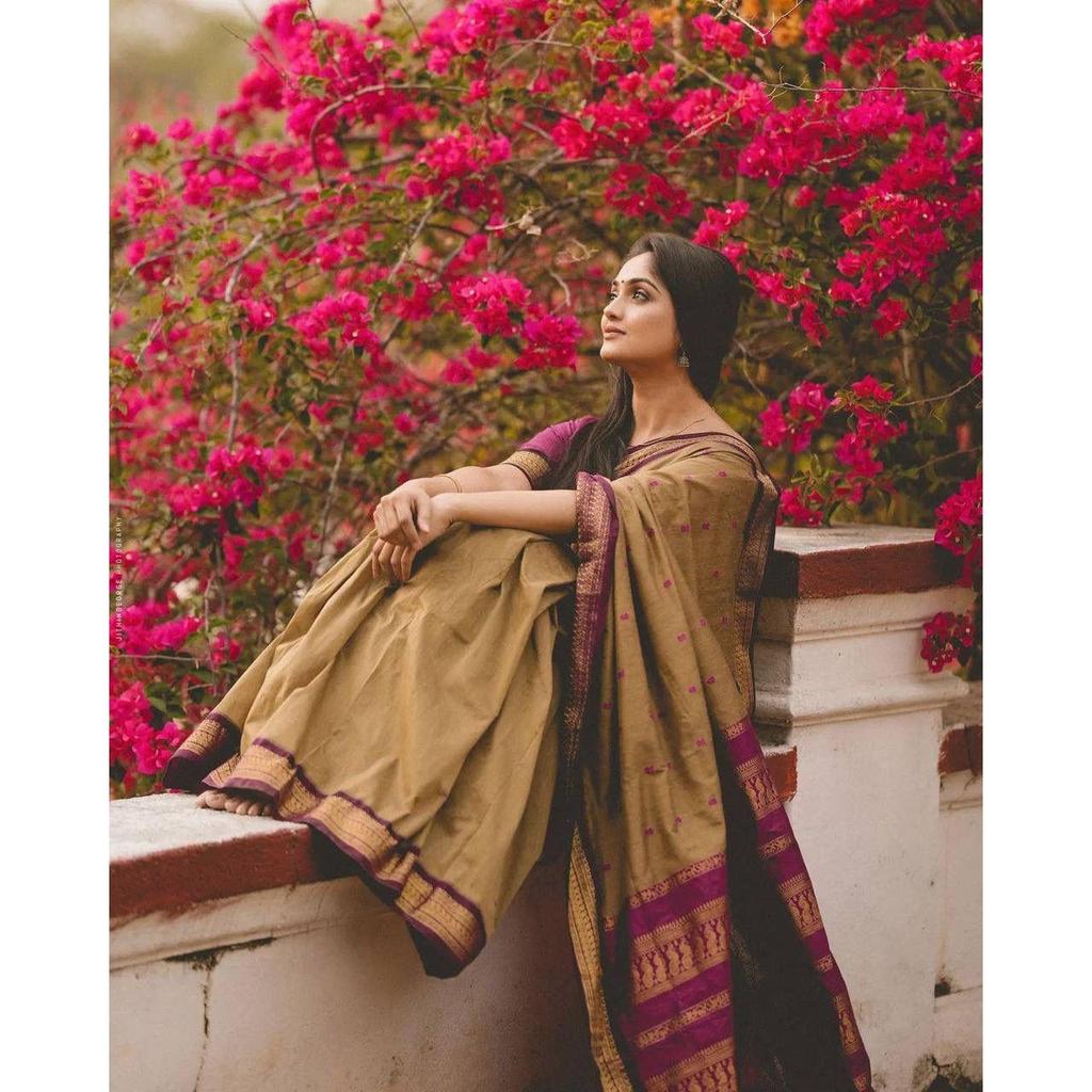 Silk Saree from the ALMAARI Store Is Adorned with Beautiful Zari Work In Form of Traditional Motifs.