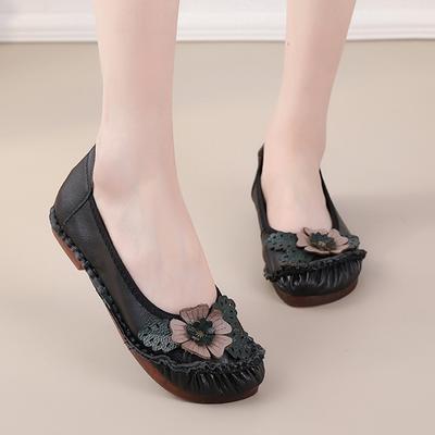 Summer New Ethnic Style Genuine Leather Flower Single Shoes Casual Flat Bottom Women's Shoes for Middle and Elderly Mom's Shoes