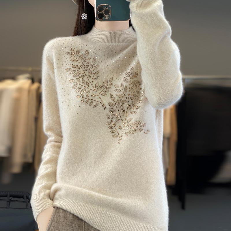 Fall Winter Crystal Mock Neck Knit Base Layer Women Sweater Inner Wear Pullover