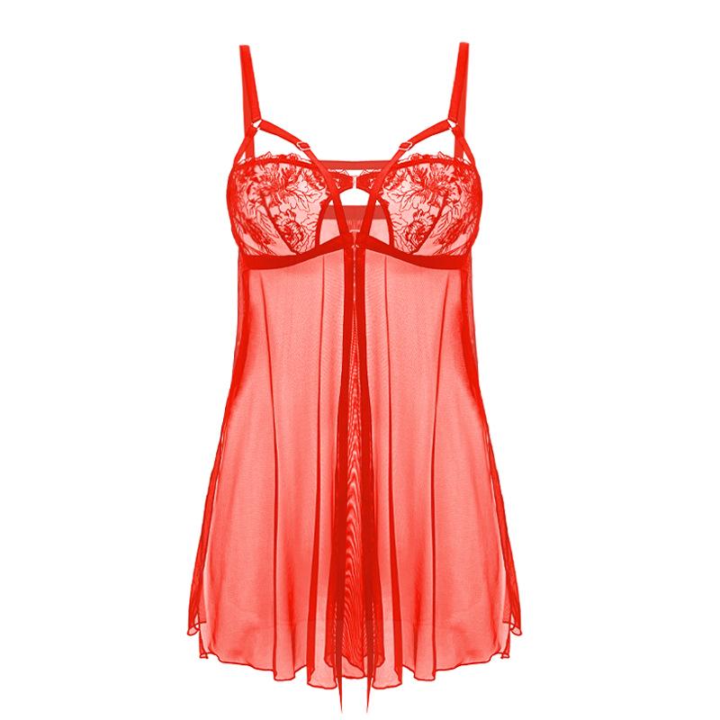 Lace Embroidered Sexy Nightgown Set: Tulle See-through Camisole with Slit