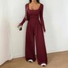 YYFS Women's Fashion Casual Spring Autumn Solid Color Print Long Sleeve Square Collar High Waist Trousers Jumpsuits & Rompers