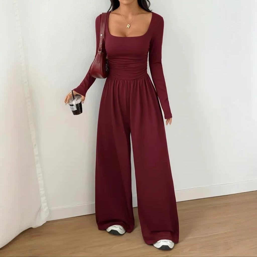 YYFS Women's Fashion Casual Spring Autumn Solid Color Print Long Sleeve Square Collar High Waist Trousers Jumpsuits & Rompers
