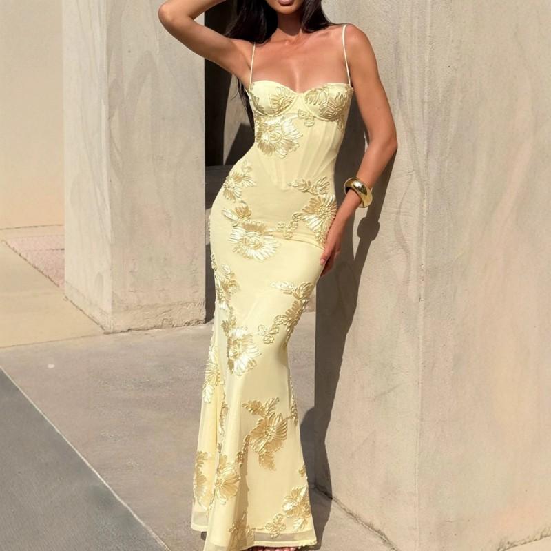 Elegant Floral Embellished Evening Dress Women Slim Fit French Chic Long Gown Sleeveless Wrap Waistline 2025
