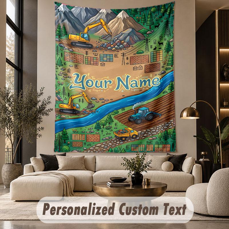 Construction Vehicles (14) Theme Custom Tapestry Personalized Custom Name Text Wall Hanging Tapestry Home Decor Background Cloth