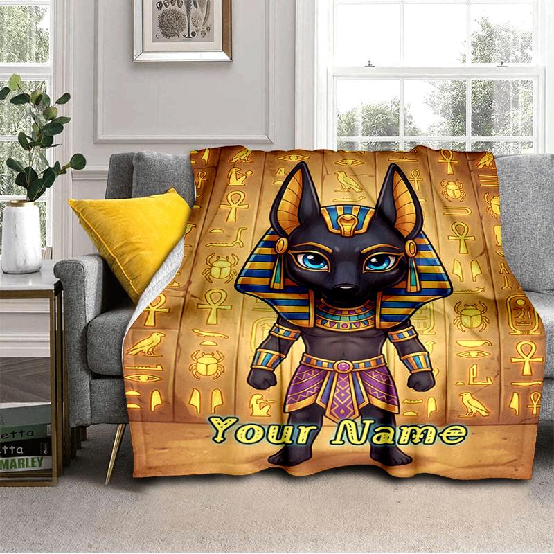 1PC Custom Name Ancient Egyptian God Anubis flannel blanket versatile,all-season throw suitable for the living room,bedroom,camping,travel,and gift