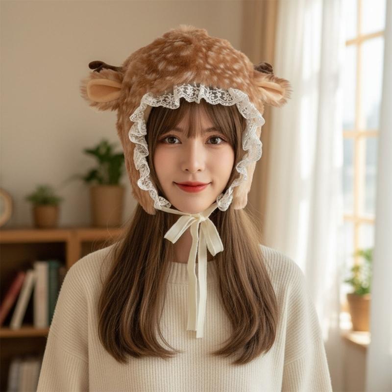 Cartoon Head Wrap Furry Deer Soft Thicken Trapper Hat for Women Outdoor Wear Lace Brim Holiday Party Photo Props