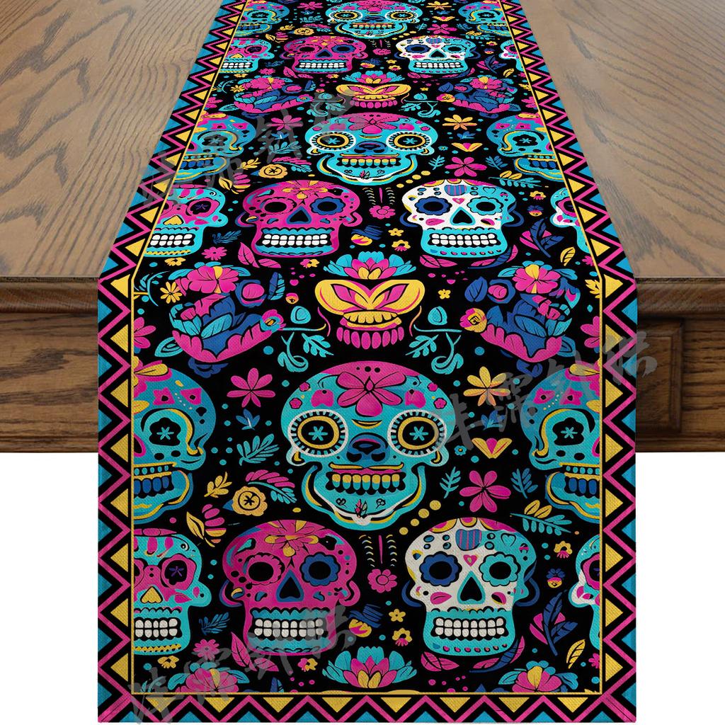 Halloween Table Runner Faux Linen Long Strip Day of the Dead Christmas Holiday Dining Decor