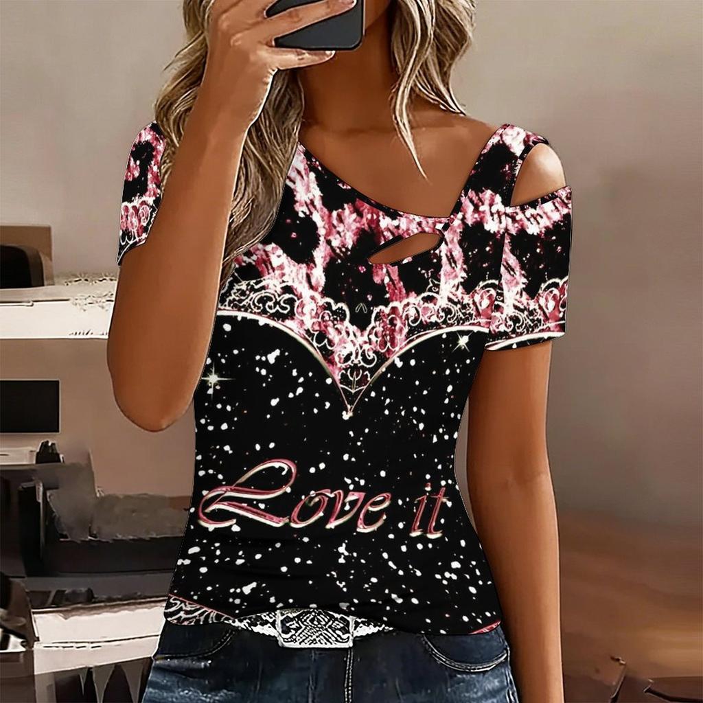 Women Leopard Print Stitching Print Cold Shoulder Short Sleeve T Shirt Irregular Cutout Neck Casual Summer Blouse Top