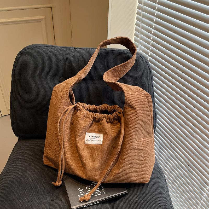 Corduroy Texture Large-capacity Bag Women's 2025 New Shoulder Bag Simple Soft Surface Casual Drawstring Tote Bag