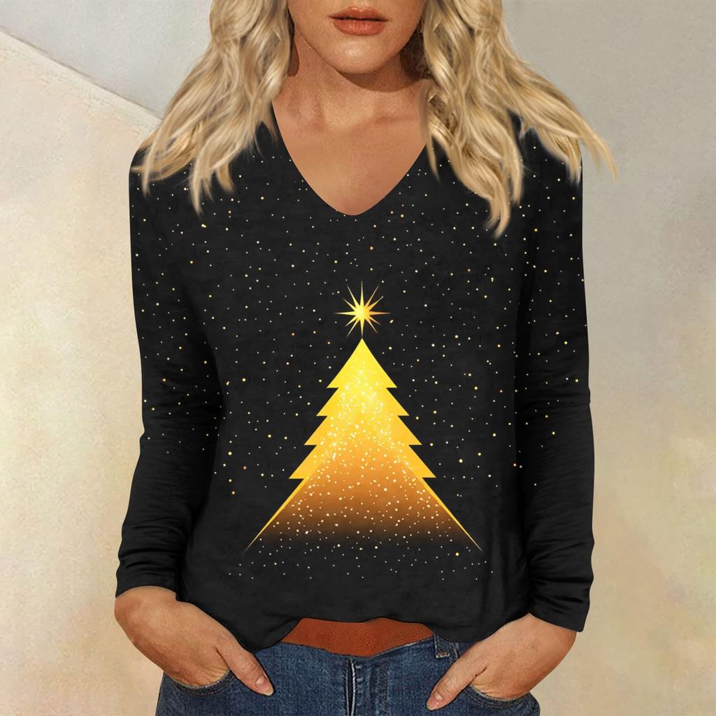 Women's Casual Fashion Christmas Graphic Printed Casual Print Long Sleeve V-Neck Pullover Top Blouse