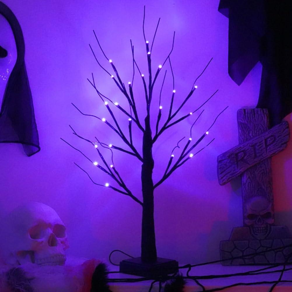 1pc Orange/Purple Glowing Halloween Birch Tree Light with 24L Black Branch Table Lamp Battery&USB For Indoor Holiday Decoration