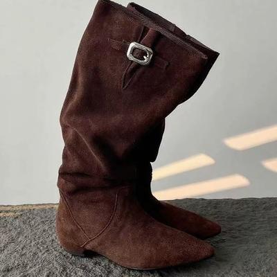 Sheepskin Version~ Pile Boots Belt Buckle Skinny Boots Pointed Low Heel Retro Western Cowboy Boots Female Knight Boots