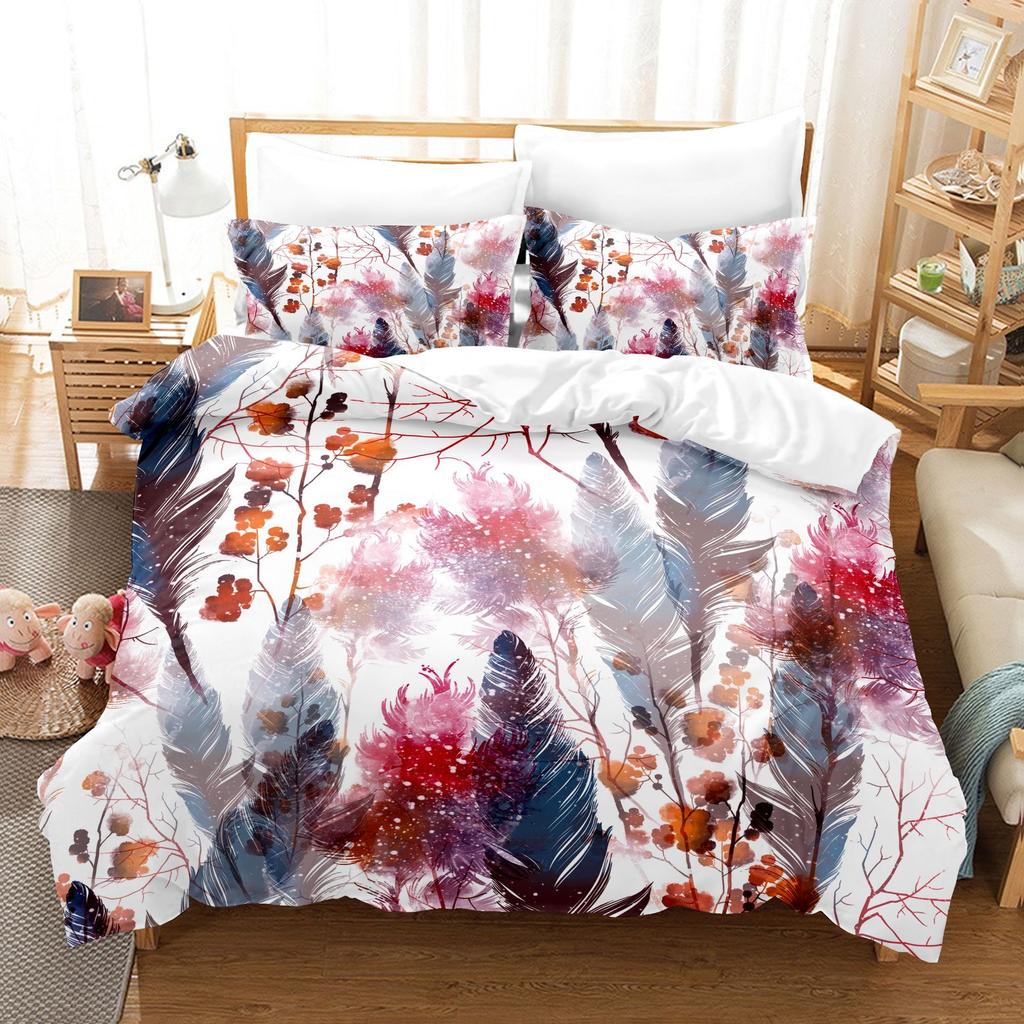 Home Bedding Set Feather Pattern Quilt Cover and Pillow Cover Bedding Set AU/EU/US Full Size Bedding Set