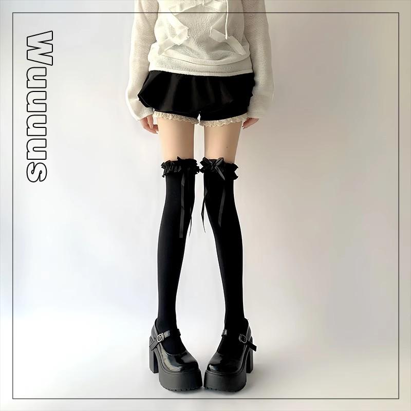 

White Stockings Children S Spring And Autumn Streamer Lace Bow Solid Color Half-Tube Socks Jk Knee Socks One size fits all чорний