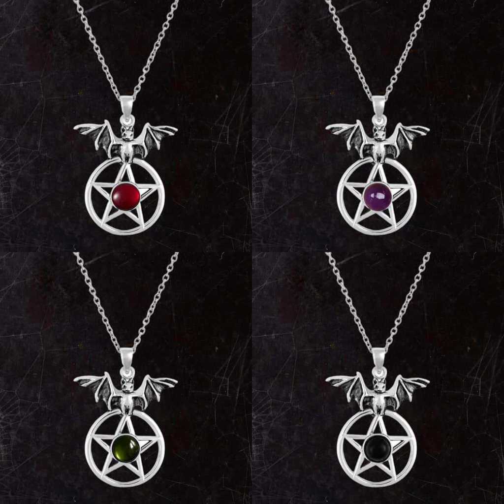 Gothic Silver Agate Bat Star Pendant Necklace For Men And Women