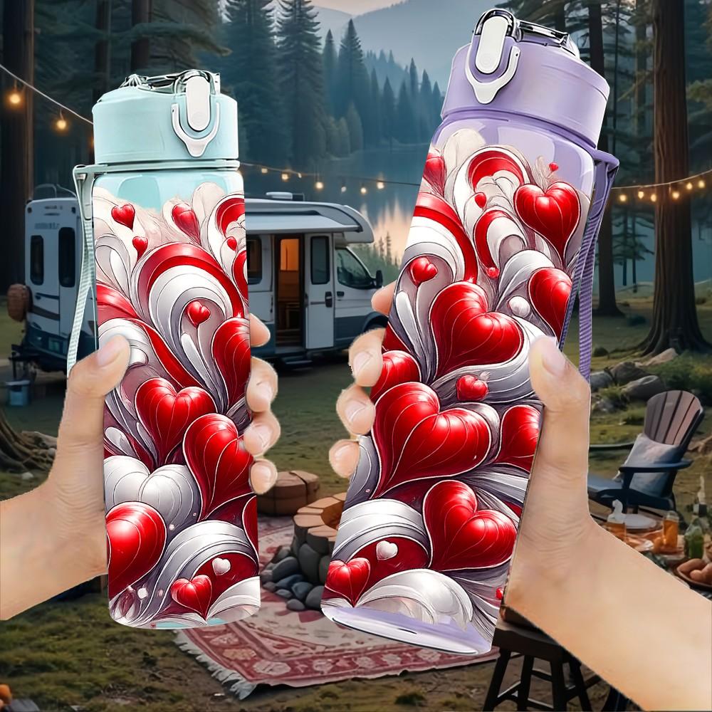 1PC Red White Heart Rose Abstract Print 750ml Color Plastic Sports Water Bottle Leakproof Flip Straw Lid Suitable for Sports Office Home Use