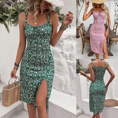 Women's Spaghetti Strap High Waist Floral Print Midi Dress Side Split Elegant Casual Summer Beach Sundress Party Dress