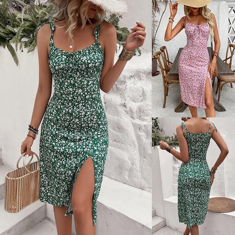 Women's Spaghetti Strap High Waist Floral Print Midi Dress Side Split Elegant Casual Summer Beach Sundress Party Dress