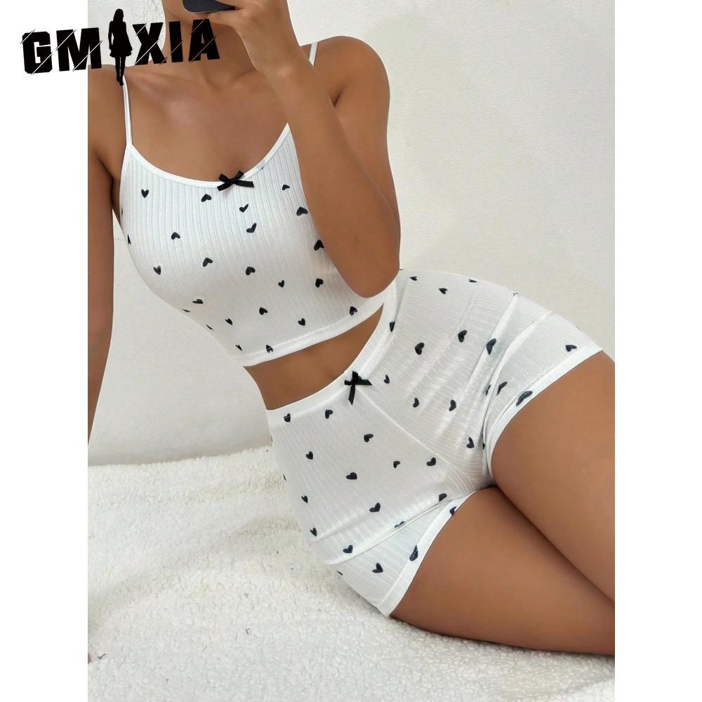 GMXIA Summer Homewear Heart-shaped Printing Bow Halter Home Leisure Suit Pajamas