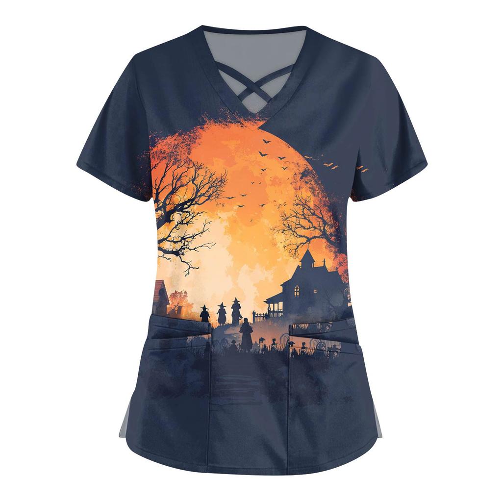 Women's Fashion  V-Neck Short Sleeve Overalls Double Pocket Halloween Printed Tops  Apparel