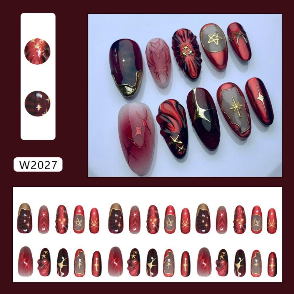 24pcs Manicure Long Almond False Nails Simple Cherry Color Fake Nials French Detachable Press on Nails Women