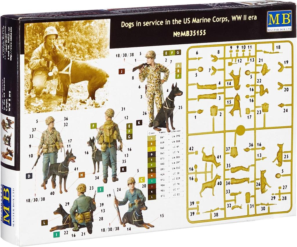 Master Box 1/35 Scale US Marine Corps (3 Figures) Pacific War Doberman Pinscher Plastic Model Kit MB35155