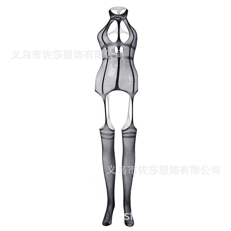 New sex underwear sexy temptation lace trimmed suspenders front hollow jacquard one-piece mesh socks