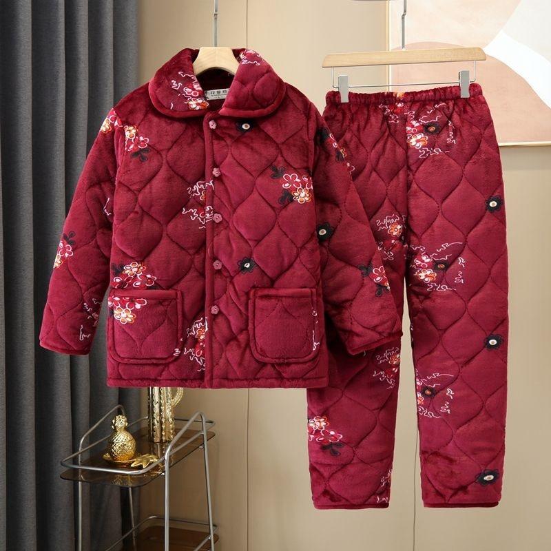 Thickened pajamas women's winter three-layer coral fleece padded cotton can be worn outside, plus sweet loungewear set