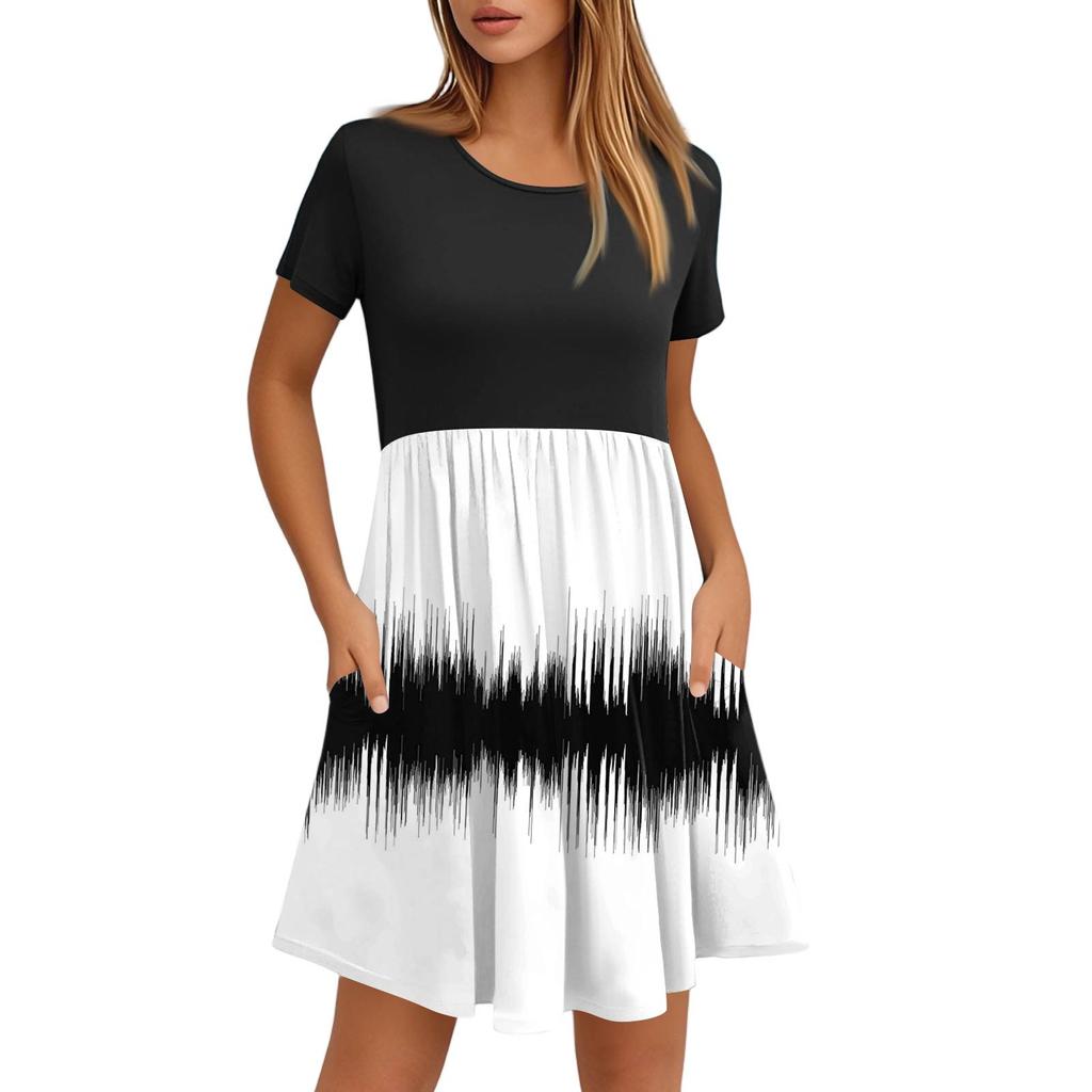 Robes décontractées à col rond et manches courtes pour femmes, imprimées et à poches