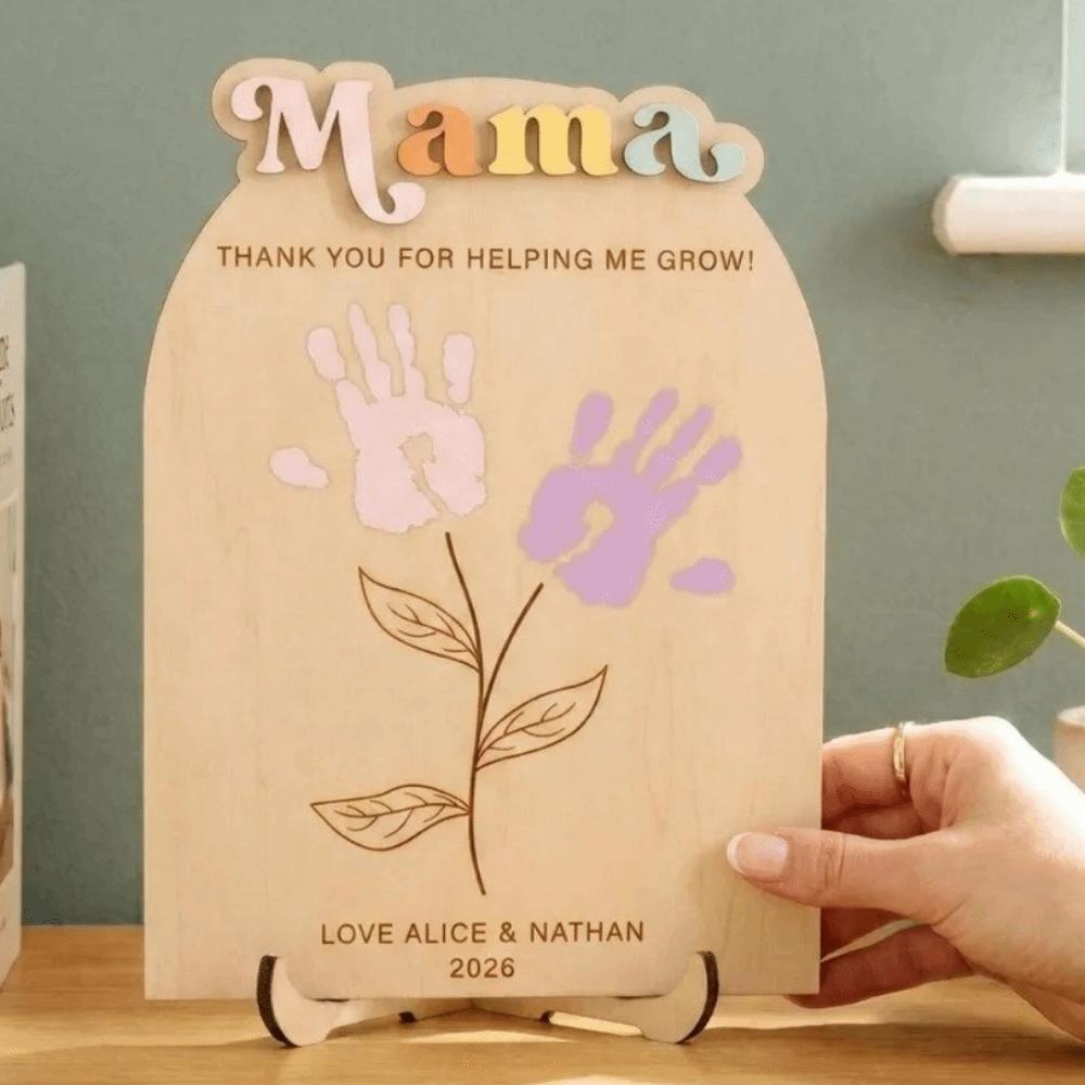Handbemalte Muttertags-Plakette Ornament Geschenke für Mama DIY Handabdruck Schild 2D Flache Dekoration Holzblumen-Bastelarbeit Muttertag