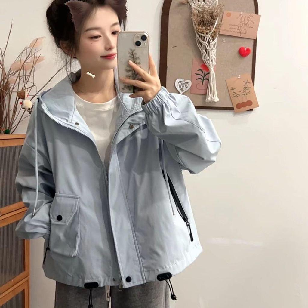 2025 Spring-Autumn Hooded Petite Windbreaker Jacket - Loose, Versatile, and Stylish Workwear Top