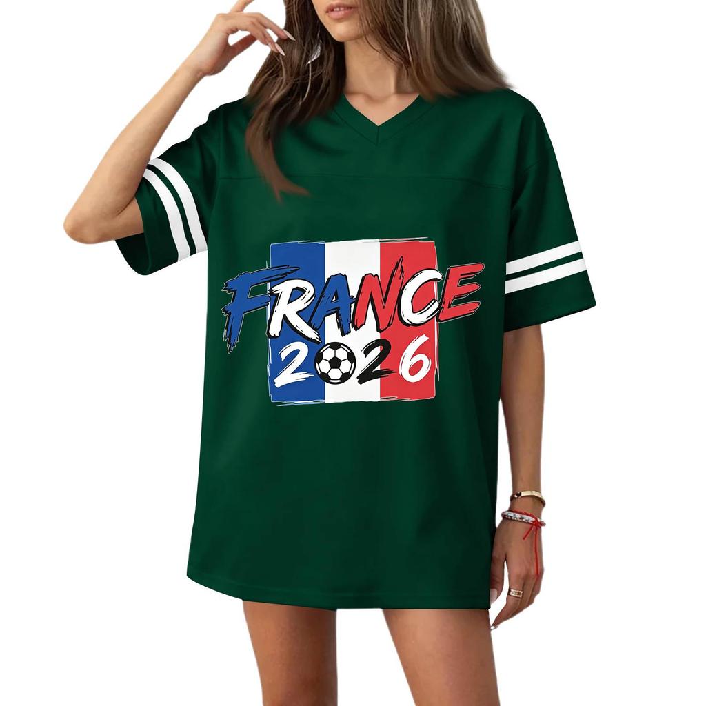 Women V Neck Short Sleeve Loose Fit Sports T Shirt with Flag Graphic and Number Print for Casual or Athletic Wear 2026