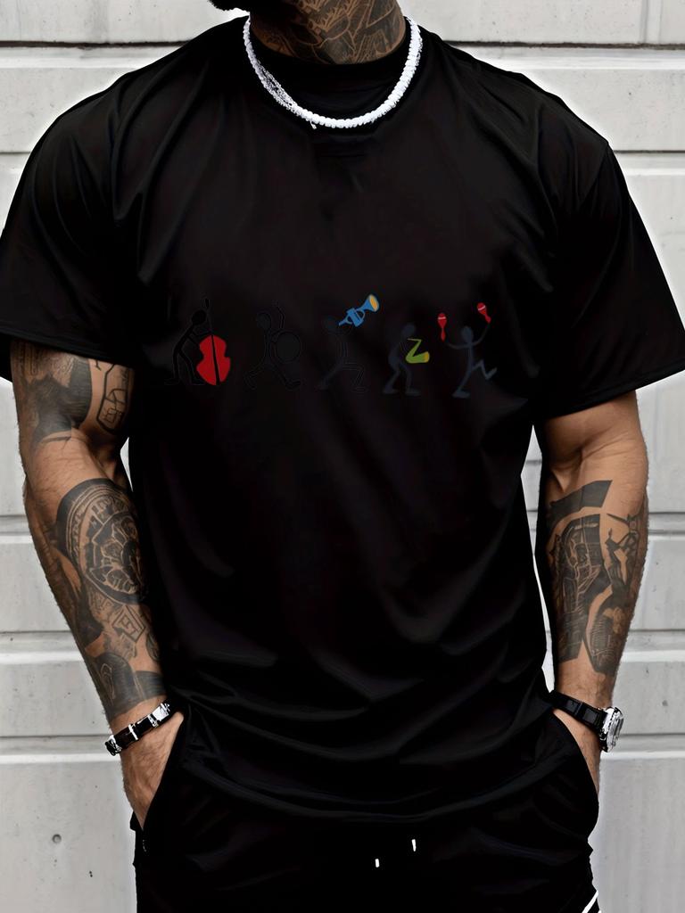 Unisex Crew Neck Tee Stick Figure Band Musical Instruunisext Print Short Sleeve Top Summer Outdoor Daily Loose Soft Casual Basic Wear