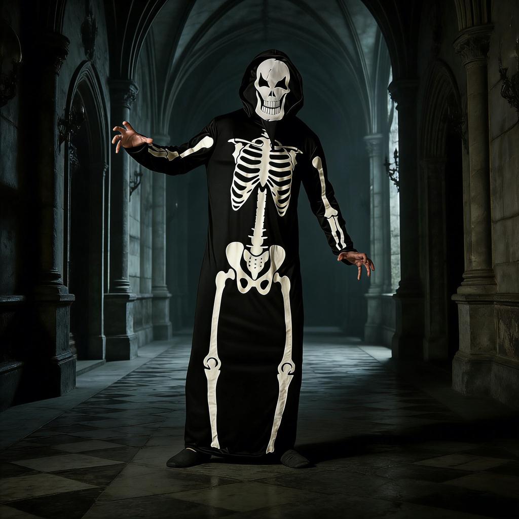 Halloweenová svítící róba s lebkou pro dospělé, hororový kostým ducha, kostým kostlivce Smrti, kostým pro party a jevištní vystoupení