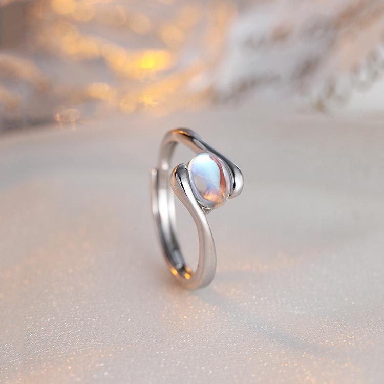 Elliptical Moonstone Ring Light Luxury Adjustable Pinky Ring for Women Minimalist