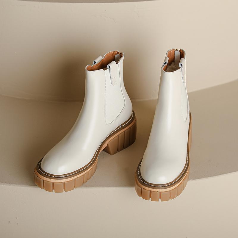 2024 Zimní Teplé Dámské Kotníkové Boty Stručné Pravá Kůže Vlna Silné Podpatky Zadní Zip Boty Žena Pracovní Ležérní Sněhule