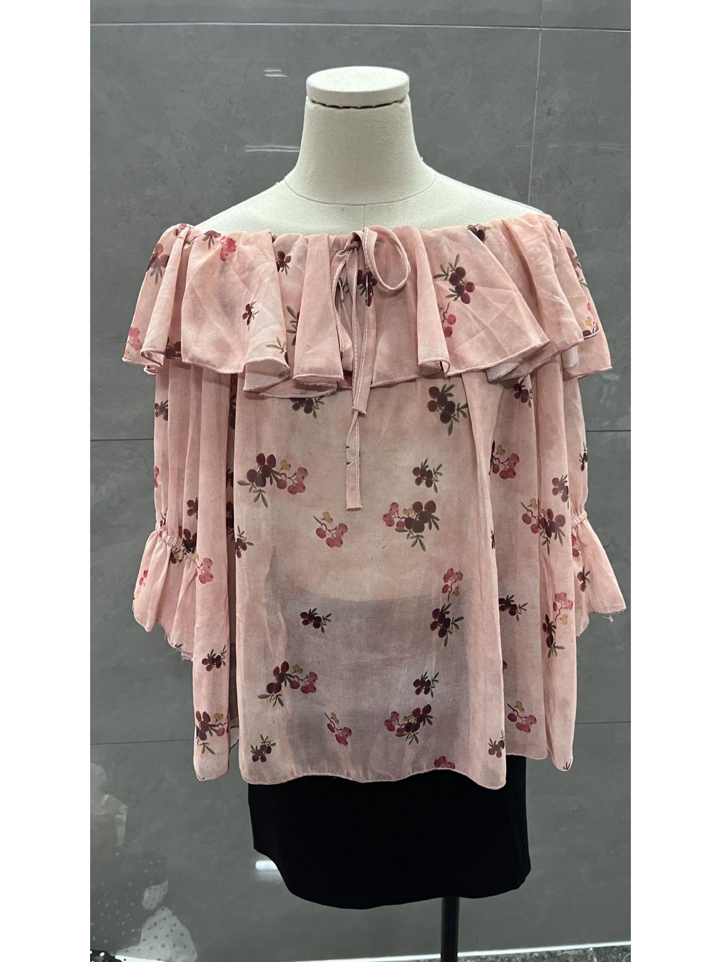 

Ретро Этническая Шифоновая Блузка с Воланами и Открытыми Плечами с Принтом в Виде Бантов M for ~105 lbs