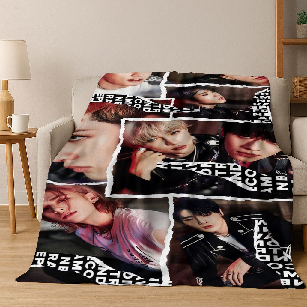 Korea Kpop Star Stray Kids Singer Flannel Blanket Soft Warm Throw Blanket for Bedroom Living Room Bed Travel Camping Picnic Gift 75x90cm