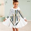 Girls Long Sleeve Star Stripe Printed Dress Fuzzy Collar Cuffs Bow Decor A Line Flared Hem