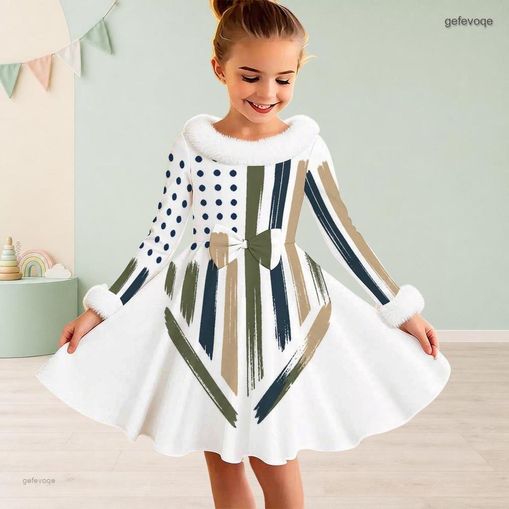 Girls Long Sleeve Star Stripe Printed Dress Fuzzy Collar Cuffs Bow Decor A Line Flared Hem
